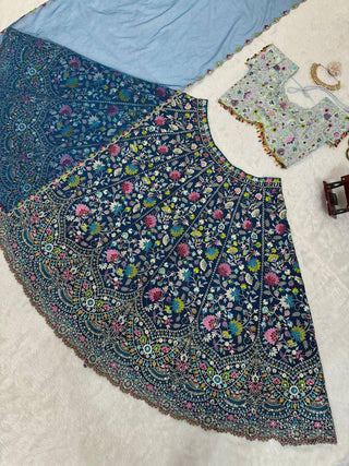 Blue Designer Faux Georgette Semi-Stitched Lehenga Choli Set with Sequin Embroidery & Fancy Latkan Work ClothsVilla