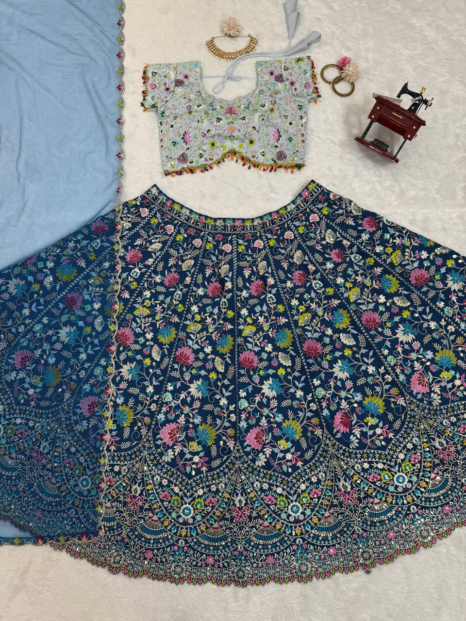 Blue Designer Faux Georgette Semi-Stitched Lehenga Choli Set with Sequin Embroidery & Fancy Latkan Work ClothsVilla