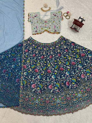 Blue Designer Faux Georgette Semi-Stitched Lehenga Choli Set with Sequin Embroidery & Fancy Latkan Work ClothsVilla