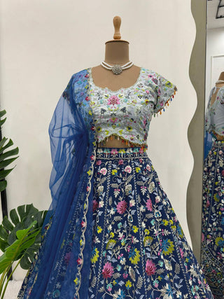 Blue Designer Faux Georgette Semi-Stitched Lehenga Choli Set with Sequin Embroidery & Fancy Latkan Work ClothsVilla