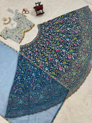 Blue Designer Faux Georgette Semi-Stitched Lehenga Choli Set with Sequin Embroidery & Fancy Latkan Work ClothsVilla