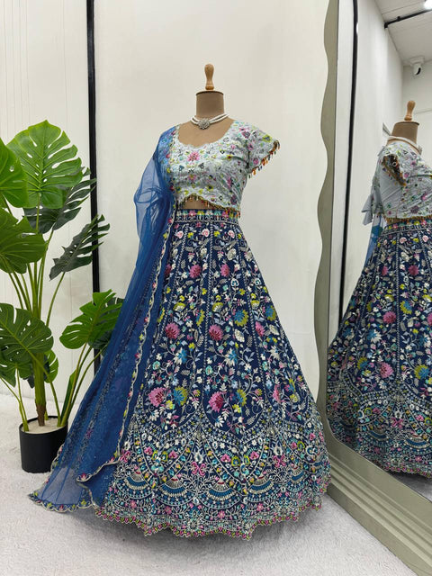 Blue Designer Faux Georgette Semi-Stitched Lehenga Choli Set with Sequin Embroidery & Fancy Latkan Work ClothsVilla Main image