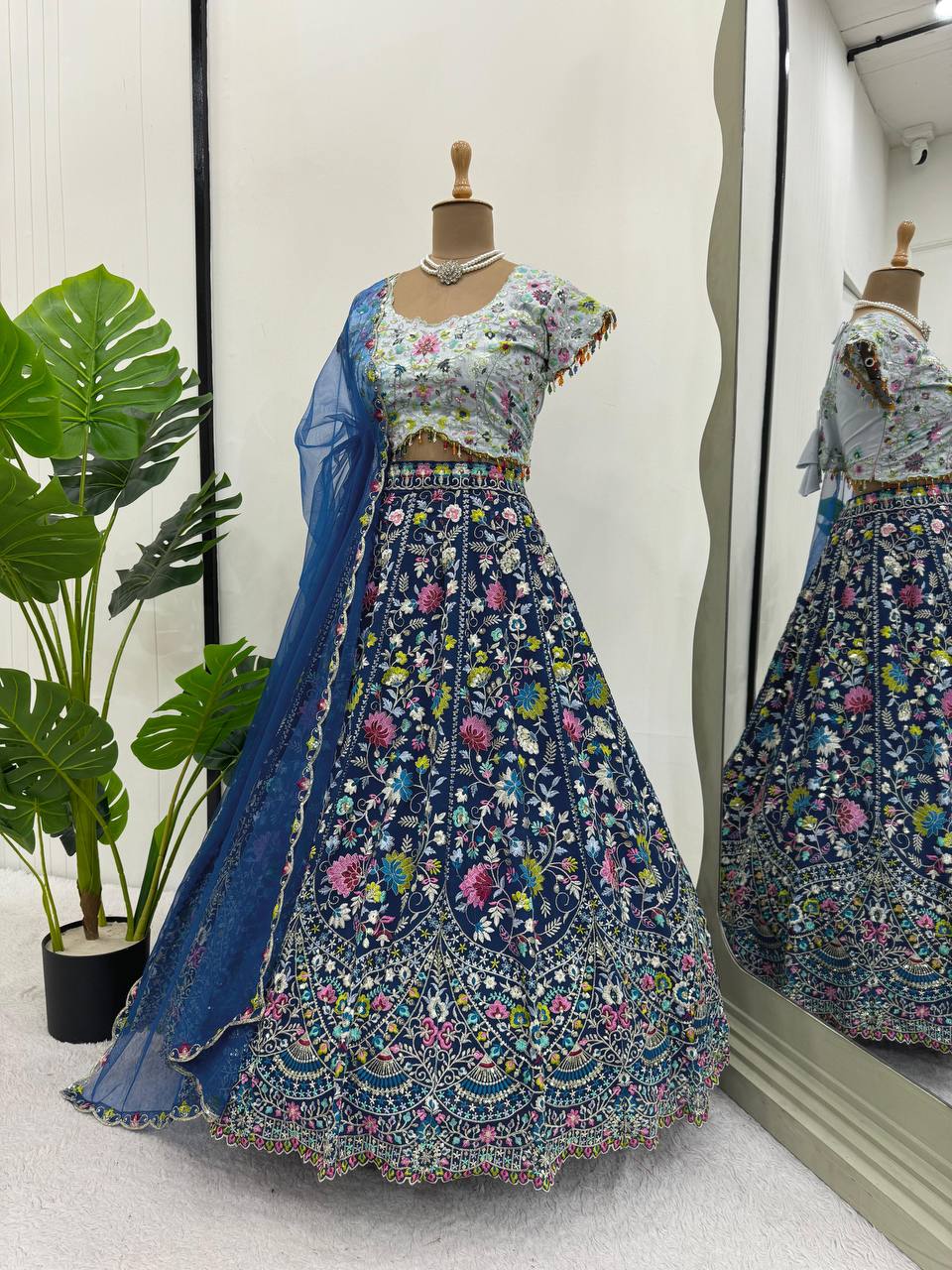 Blue Designer Faux Georgette Semi-Stitched Lehenga Choli Set with Sequin Embroidery & Fancy Latkan Work ClothsVilla