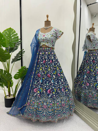 Blue Designer Faux Georgette Semi-Stitched Lehenga Choli Set with Sequin Embroidery & Fancy Latkan Work ClothsVilla