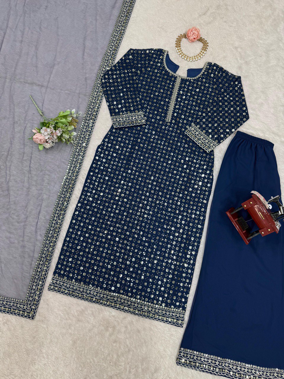 Blue Designer Faux Georgette Thread & Sequin Embroidered Suit Set with Butterfly Net Dupatta ClothsVilla