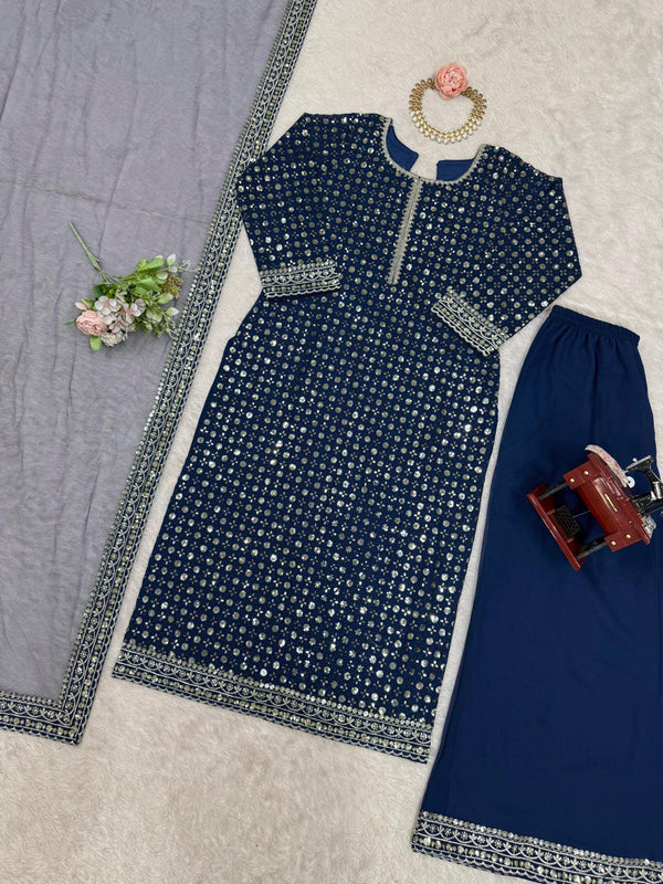 Blue Designer Faux Georgette Thread & Sequin Embroidered Suit Set with Butterfly Net Dupatta ClothsVilla