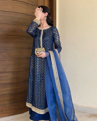 Blue Designer Faux Georgette Thread & Sequin Embroidered Suit Set with Butterfly Net Dupatta ClothsVilla