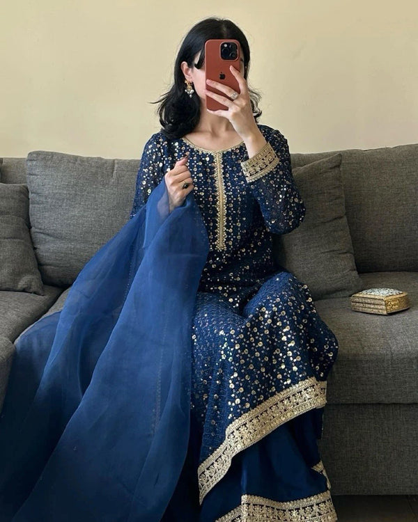 Blue Designer Faux Georgette Thread & Sequin Embroidered Suit Set with Butterfly Net Dupatta ClothsVilla