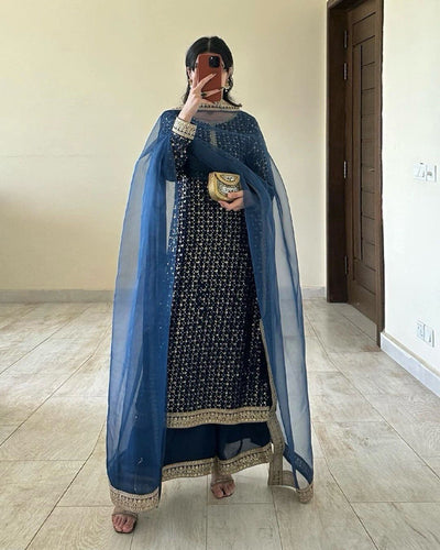 Blue Designer Faux Georgette Thread & Sequin Embroidered Suit Set with Butterfly Net Dupatta ClothsVilla