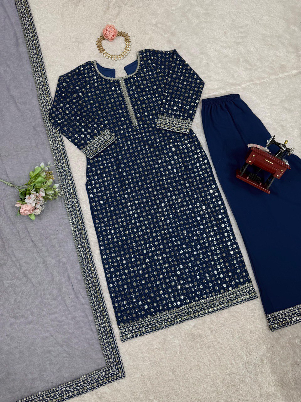 Blue Designer Faux Georgette Thread & Sequin Embroidered Suit Set with Butterfly Net Dupatta ClothsVilla