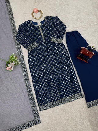 Blue Designer Faux Georgette Thread & Sequin Embroidered Suit Set with Butterfly Net Dupatta ClothsVilla