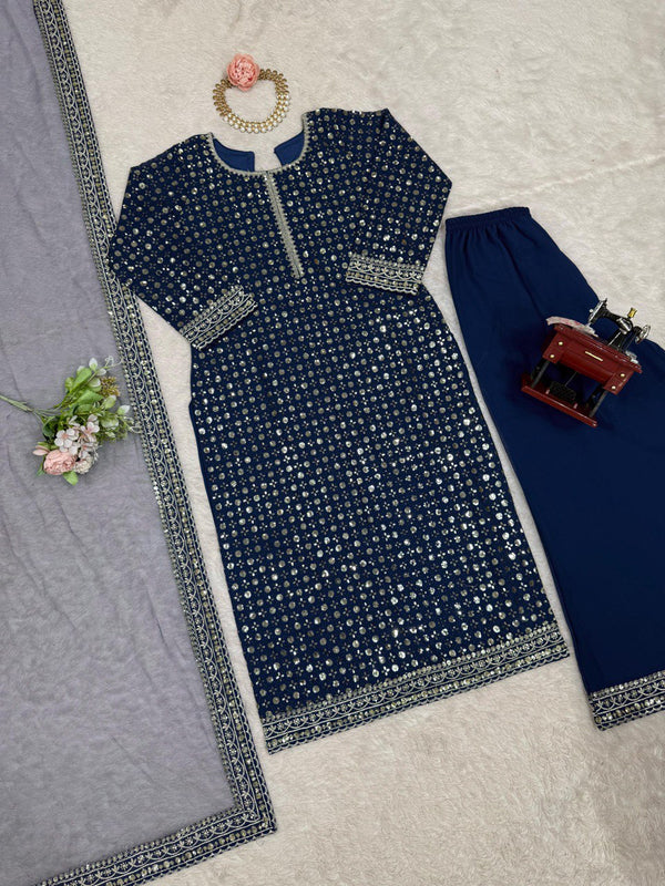 Blue Designer Faux Georgette Thread & Sequin Embroidered Suit Set with Butterfly Net Dupatta ClothsVilla