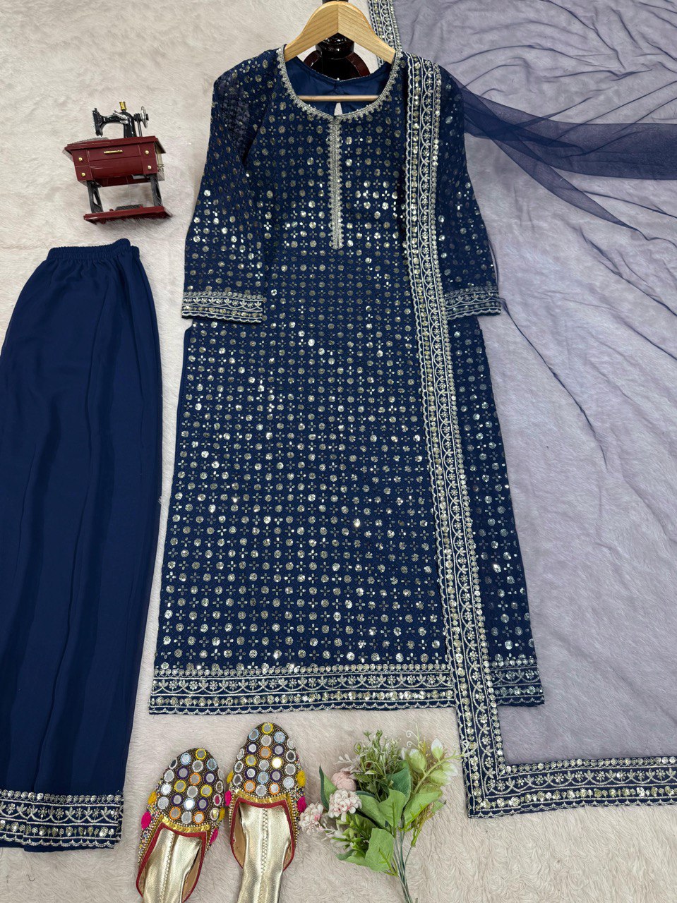 Blue Designer Faux Georgette Thread & Sequin Embroidered Suit Set with Butterfly Net Dupatta ClothsVilla
