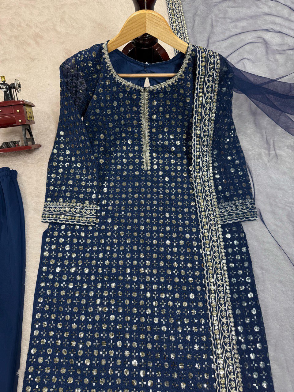 Blue Designer Faux Georgette Thread & Sequin Embroidered Suit Set with Butterfly Net Dupatta ClothsVilla