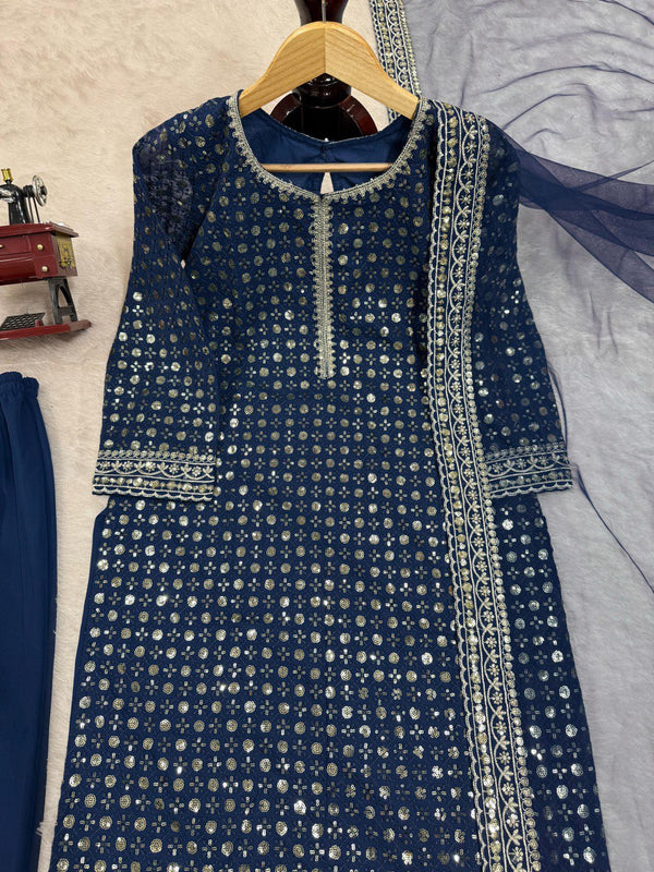 Blue Designer Faux Georgette Thread & Sequin Embroidered Suit Set with Butterfly Net Dupatta ClothsVilla