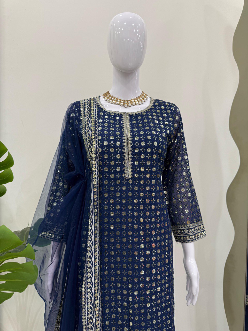 Blue Designer Faux Georgette Thread & Sequin Embroidered Suit Set with Butterfly Net Dupatta ClothsVilla