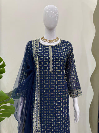 Blue Designer Faux Georgette Thread & Sequin Embroidered Suit Set with Butterfly Net Dupatta ClothsVilla