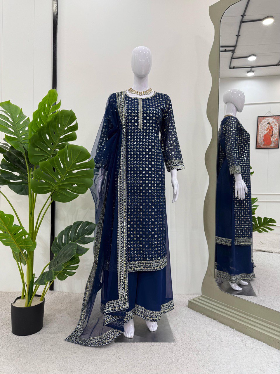 Blue Designer Faux Georgette Thread & Sequin Embroidered Suit Set with Butterfly Net Dupatta ClothsVilla