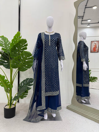 Blue Designer Faux Georgette Thread & Sequin Embroidered Suit Set with Butterfly Net Dupatta ClothsVilla