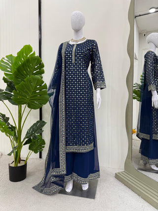 Blue Designer Faux Georgette Thread & Sequin Embroidered Suit Set with Butterfly Net Dupatta ClothsVilla