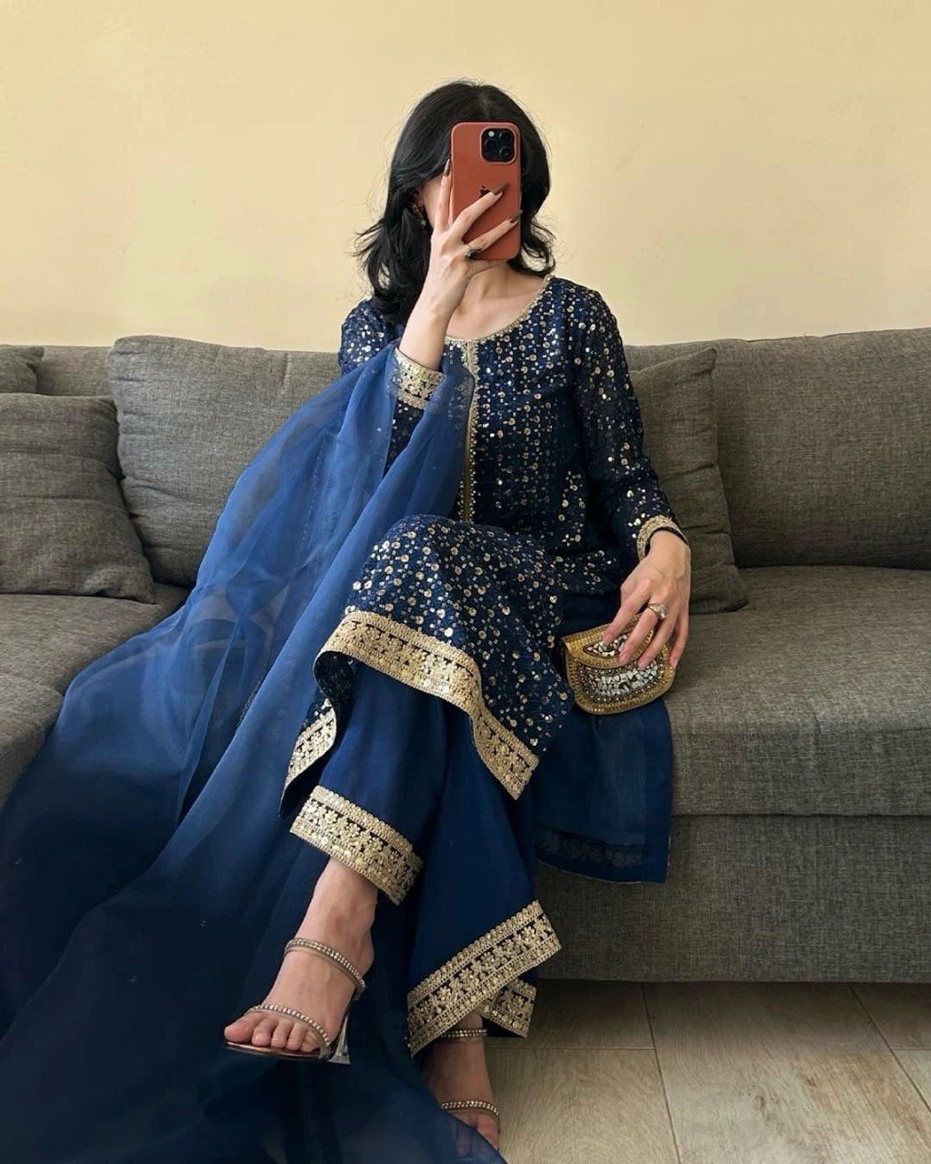 Blue Designer Faux Georgette Thread & Sequin Embroidered Suit Set with Butterfly Net Dupatta ClothsVilla