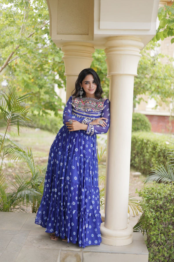 Blue Designer Gown with Kutchi Patchwork ClothsVilla