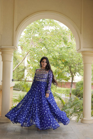 Blue Designer Gown with Kutchi Patchwork ClothsVilla