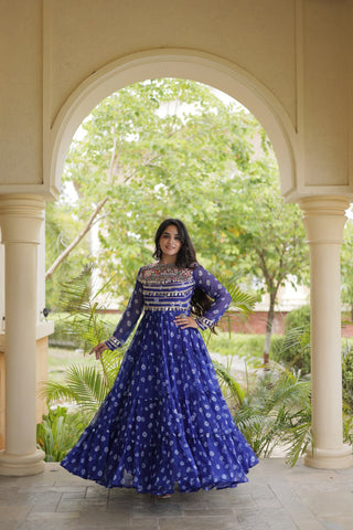 Blue Designer Gown with Kutchi Patchwork ClothsVilla