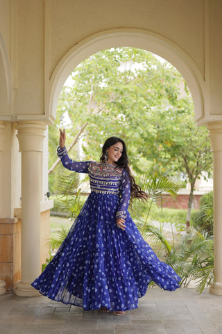 Blue Designer Gown with Kutchi Patchwork ClothsVilla