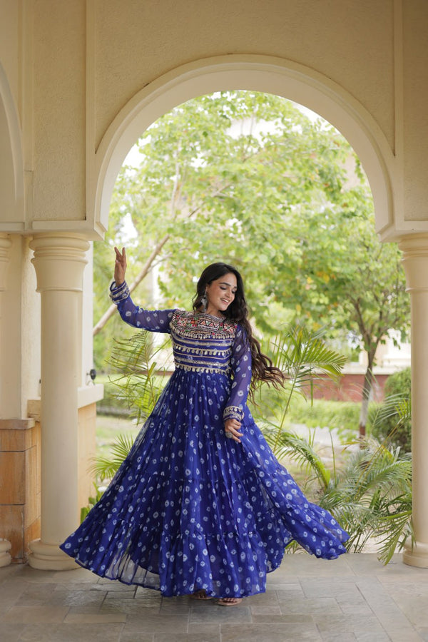 Blue Designer Gown with Kutchi Patchwork ClothsVilla