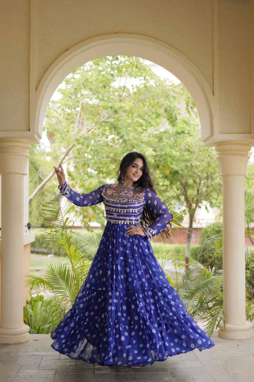 Blue Designer Gown with Kutchi Patchwork ClothsVilla