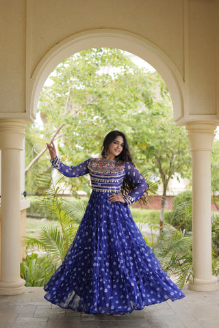 Blue Designer Gown with Kutchi Patchwork ClothsVilla