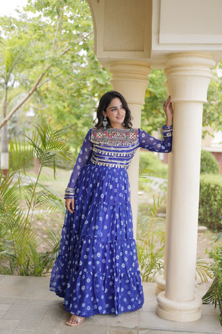 Blue Designer Gown with Kutchi Patchwork ClothsVilla