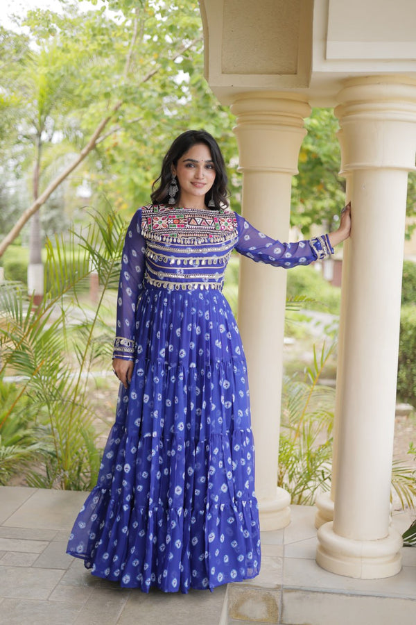 Blue Designer Gown with Kutchi Patchwork ClothsVilla