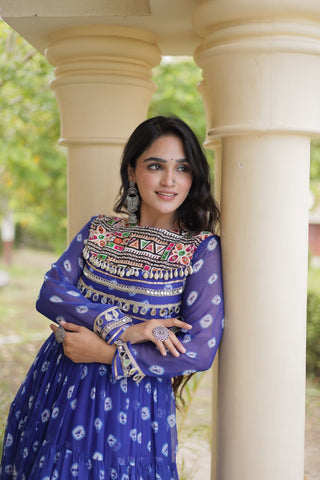 Blue Designer Gown with Kutchi Patchwork ClothsVilla