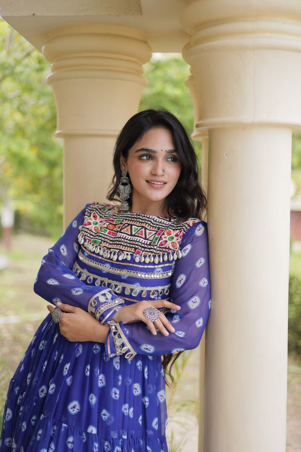 Blue Designer Gown with Kutchi Patchwork ClothsVilla