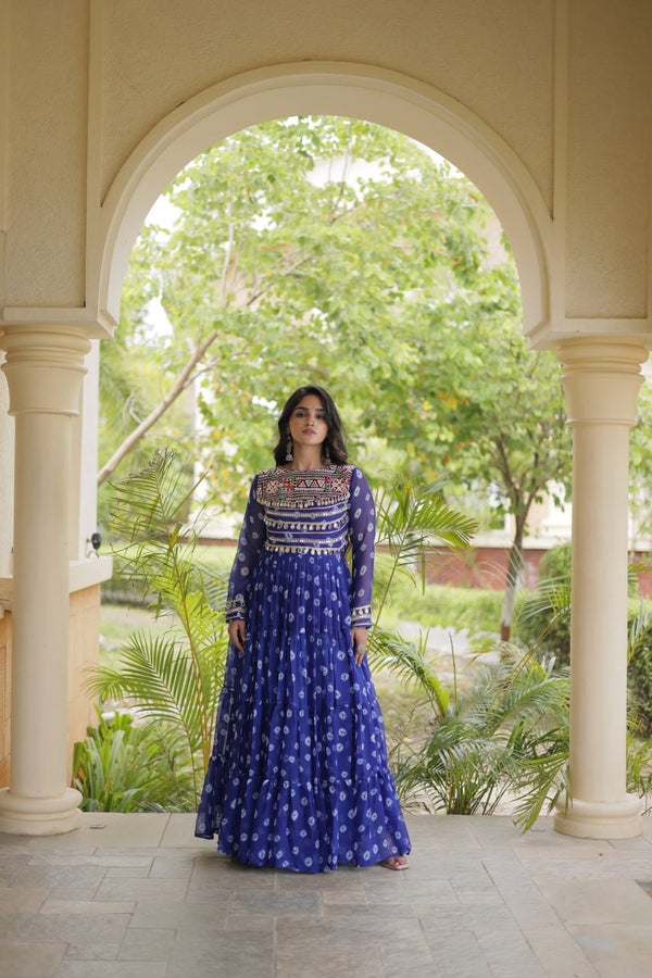 Blue Designer Gown with Kutchi Patchwork ClothsVilla