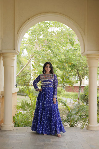 Blue Designer Gown with Kutchi Patchwork ClothsVilla