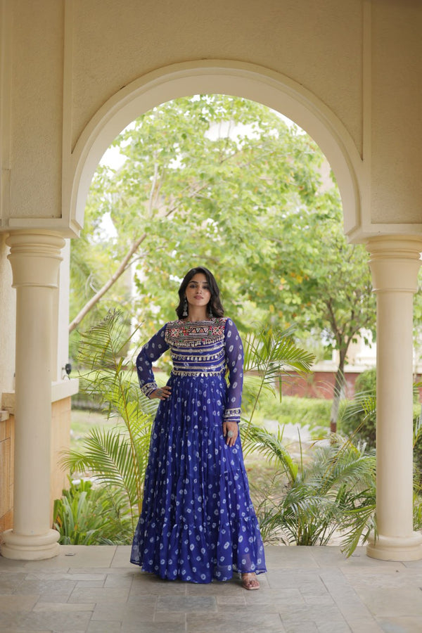 Blue Designer Gown with Kutchi Patchwork ClothsVilla