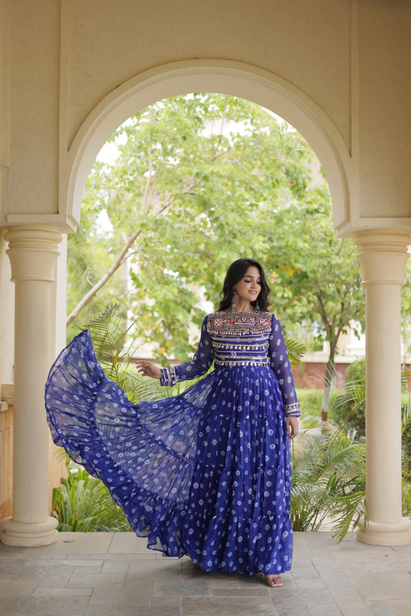 Blue Designer Gown with Kutchi Patchwork ClothsVilla