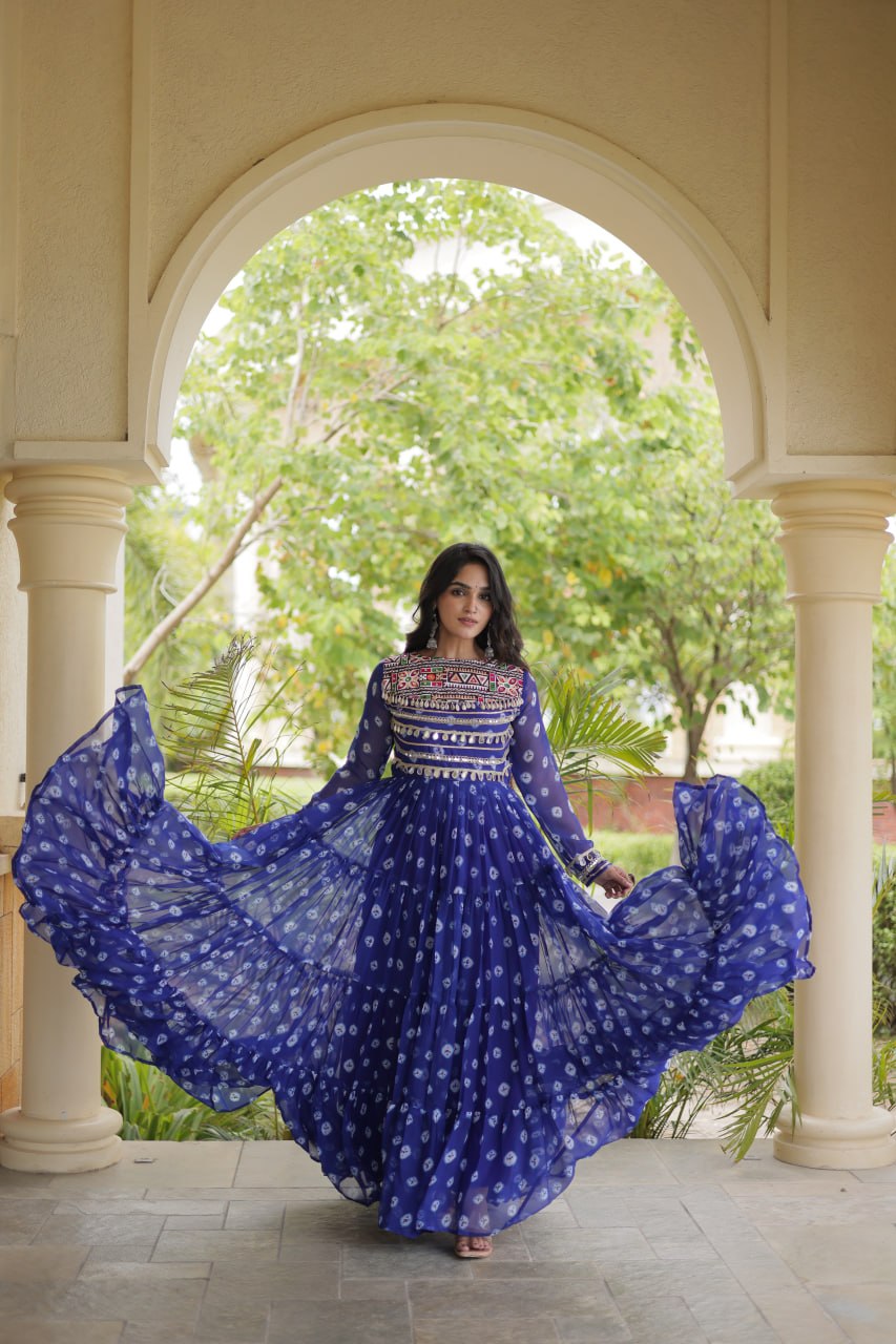 Blue Designer Gown with Kutchi Patchwork ClothsVilla