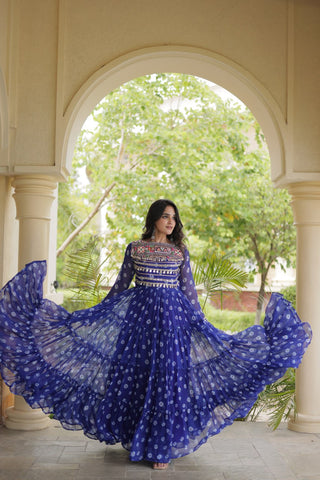 Blue Designer Gown with Kutchi Patchwork ClothsVilla