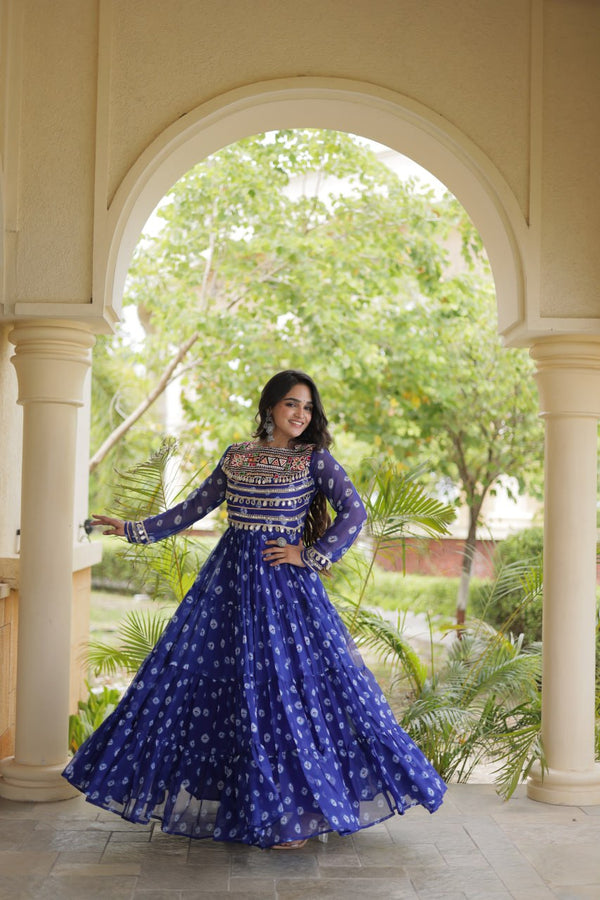 Blue Designer Gown with Kutchi Patchwork ClothsVilla