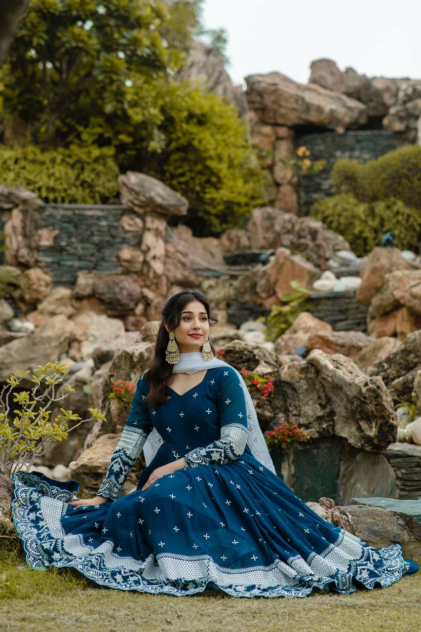 Blue Designer Luxury Anarkali Suit Set – Faux Blooming Fabric with Heavy Sequin & Thread Embroidery ClothsVilla