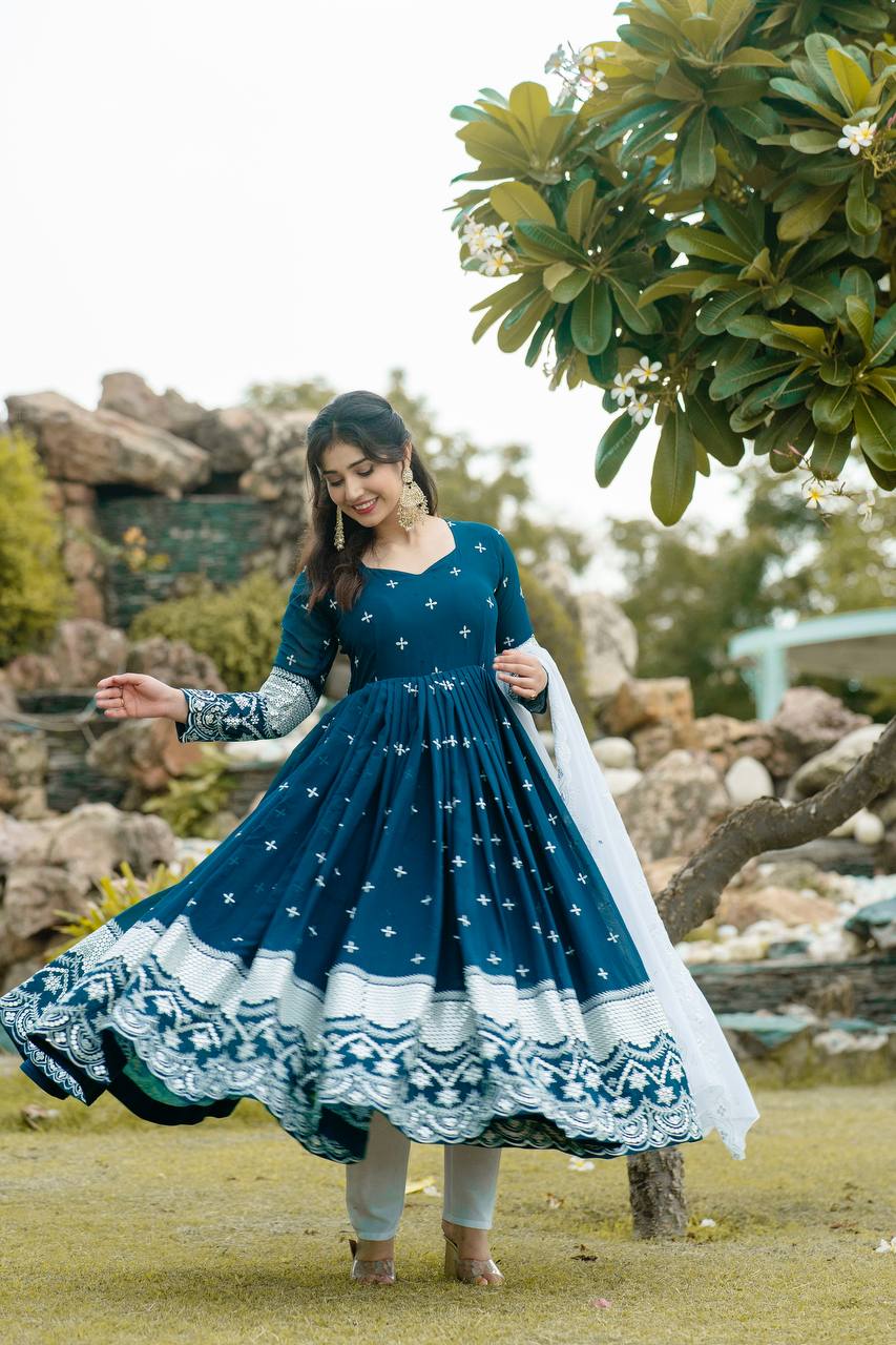 Blue Designer Luxury Anarkali Suit Set – Faux Blooming Fabric with Heavy Sequin & Thread Embroidery ClothsVilla