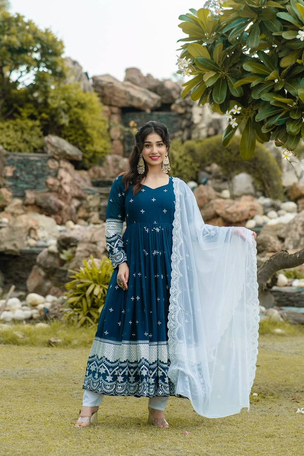Blue Designer Luxury Anarkali Suit Set – Faux Blooming Fabric with Heavy Sequin & Thread Embroidery ClothsVilla
