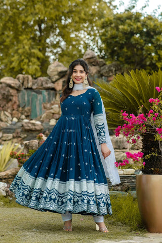 Blue Designer Luxury Anarkali Suit Set – Faux Blooming Fabric with Heavy Sequin & Thread Embroidery ClothsVilla