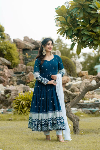 Blue Designer Luxury Anarkali Suit Set – Faux Blooming Fabric with Heavy Sequin & Thread Embroidery ClothsVilla