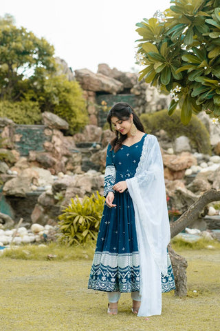 Blue Designer Luxury Anarkali Suit Set – Faux Blooming Fabric with Heavy Sequin & Thread Embroidery ClothsVilla