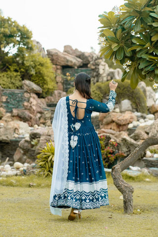 Blue Designer Luxury Anarkali Suit Set – Faux Blooming Fabric with Heavy Sequin & Thread Embroidery ClothsVilla